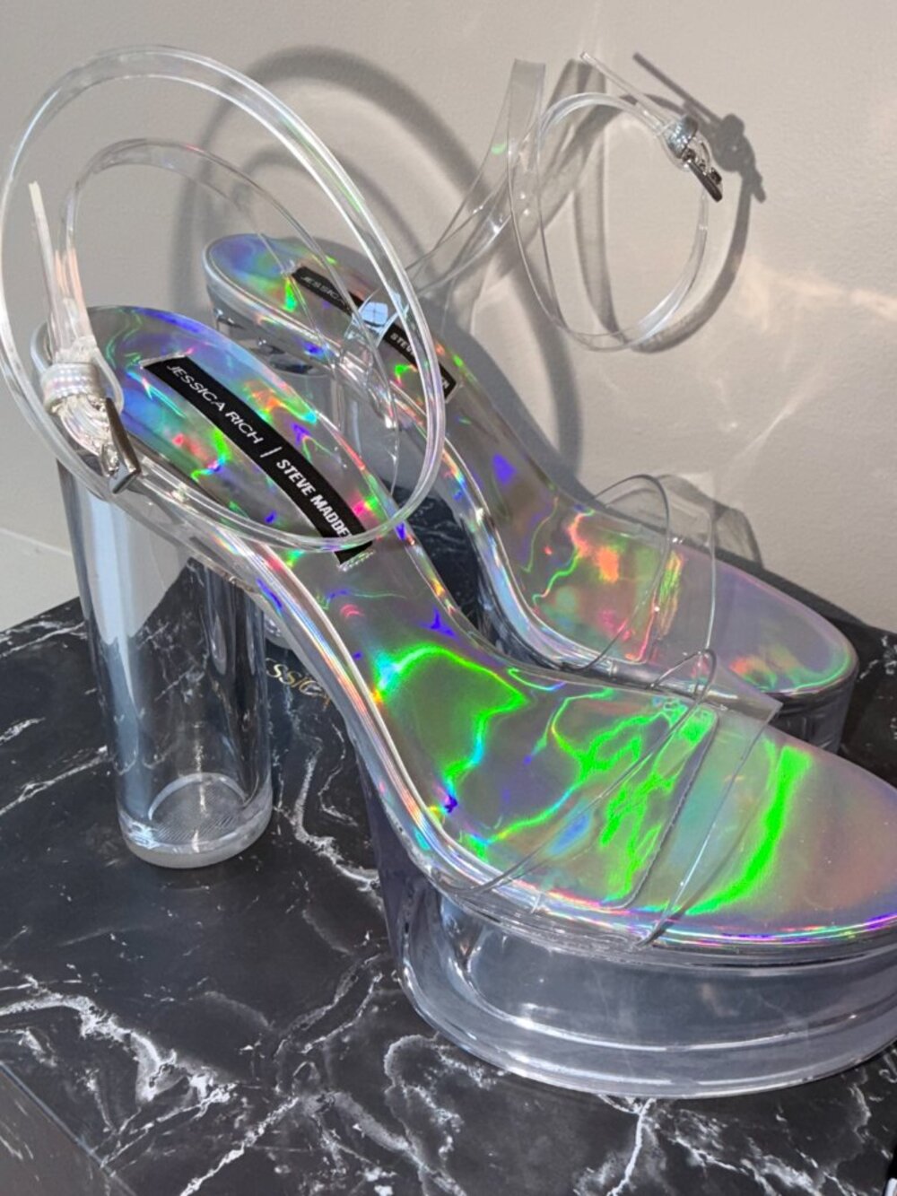 NEW Steve Madden x Jessica Rich Holographic Clear Platform Heels- US 7 - Picture 7 of 10